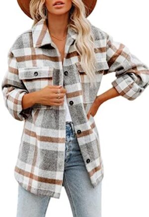 Beaully Women's Flannel Plaid Shacket Long Sleeve Button Down Shirts Jacket Coats with Side Pockets