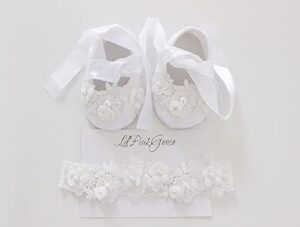 0-18M Baby Girls Newborn White Lace Baptism Shoes and Headbnad Set Toddler Wedding Dress Shoes Set - Image 4