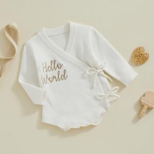 Unisex Newborn Baby Boy Girl Clothes Hello World Print Long Sleeve Romper Knit Sweater Onesie Coming Home Outfit - Image 2