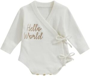 Unisex Newborn Baby Boy Girl Clothes Hello World Print Long Sleeve Romper Knit Sweater Onesie Coming Home Outfit