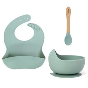 Ginbear Baby Bowls with Suction, Silicone Bibs, Baby Spoons, Baby Led Weaning Supplies, Toddler Feeding Set for Ages 6 Months+ (Hazy Green)