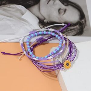 COLORFUL BLING 4-Piece Summer Surf Anklet Bracelet Adjustable Chain Braided Rope Bracelet Sunflower Heart Beads Friendship Bracelet Beach Surf Jewelry Girl-C Purple - Image 2