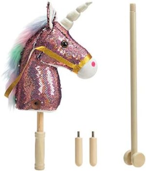 HollyHOME Sequin Unicorn Stick Horse Handcrafted Hobby Horse on a Stick with Wood Wheels Real Pony Neighing and Galloping Sounds Plush Unicorn Toy Pink 36 Inches(AA Batteries Required) - Image 5