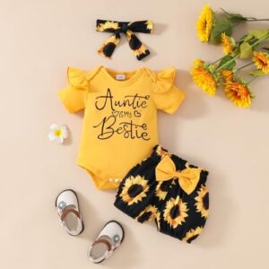 Baby Girl Summer Outfits Letter Print Short Sleeve Rompers Sunflower Print Ruffles Shorts Headband 3Pcs Clothes Set - Image 2