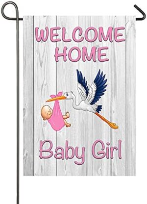 Welcome Home Baby Girl Garden Flag Baby Shower Birth Announcement Family Party Newborn Gender Reveal Lawn Yard Sign Pink Stork Outdoor Decoration Burlap Banner 12.5 x 18 Inch (Pink-Baby Girl)