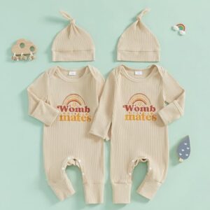 YOKJZJD Newborn Baby Girl Boy Twins Matching Outfits Womb Mates Knitted Romper Mitten Cuffs Jumpsuit with Hat Fall Clothes - Image 2