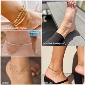 DEARMAY Gold Ankle Bracelets for Women Waterproof - Dainty 6Pcs 14K Gold Plated Anklets Layered Cuban Link Chain Herringbone Cute Anklets Set Pack Summer Beach Jewelry Gift for Women Teen - Image 5