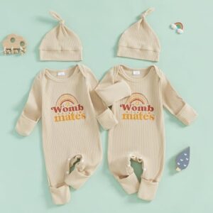 YOKJZJD Newborn Baby Girl Boy Twins Matching Outfits Womb Mates Knitted Romper Mitten Cuffs Jumpsuit with Hat Fall Clothes - Image 6