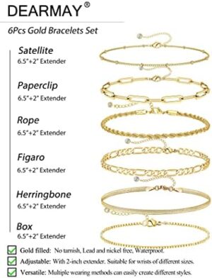 DEARMAY Gold Bracelets for Women Waterproof, 14K Real Gold Jewelry Sets for Women Trendy Thin Dainty Stackable Cuban Link Paperclip Chain Bracelet Pack Fashion Accessories Gifts for Womens - Image 5