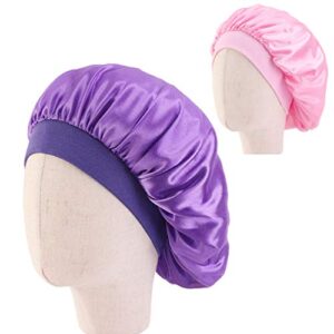 2 Pcs Kids Satin Sleeping Caps Head Cover Bonnet with Elastic Band Hair Care Cap Night Hat for Baby Toddler Teens (Purple and Pink)