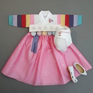 Korean Baby Girl Hanbok for 100days~10y/o Ivory Pink Floral Brooch Girl Baby Kids Hanbok Korean Traditional Dress - Image 2