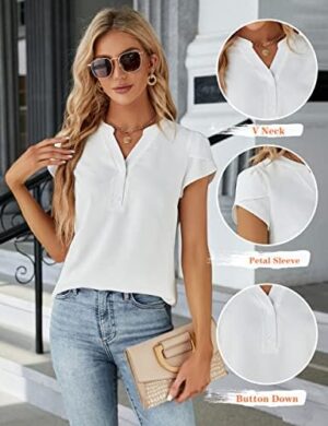 Blooming Jelly Women's Dressy Casual Tops Business Work Blouses White Button Down Shirts Cap Sleeve V Neck Tshirt - Image 7