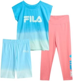 Fila Girls' Active Leggings Set - 3 Piece Performance T-Shirt, Yoga Pants, and Bike Shorts - Activewear Set for Girls (S-XL)