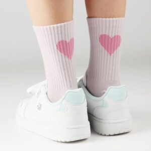 COTTON DAY Kids Girls Pink White Crew Athletic Socks with Retro Stripes Hearts - Image 3