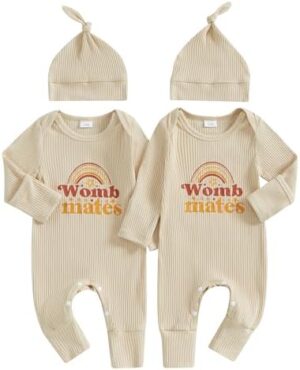 YOKJZJD Newborn Baby Girl Boy Twins Matching Outfits Womb Mates Knitted Romper Mitten Cuffs Jumpsuit with Hat Fall Clothes