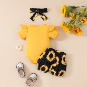 Baby Girl Summer Outfits Letter Print Short Sleeve Rompers Sunflower Print Ruffles Shorts Headband 3Pcs Clothes Set - Image 3