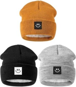 Hispeka Baby Beanie Hat 3 Packs with Cute Smiley Face, Toddler Girls Boys Baby Hats Winter, Kids Winter Hat Cold Weather