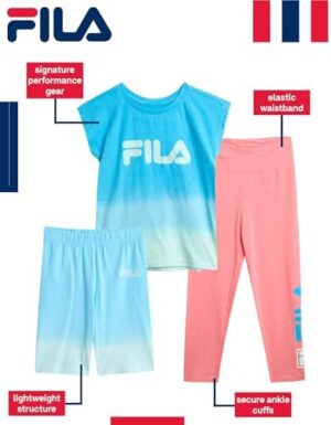 Fila Girls' Active Leggings Set - 3 Piece Performance T-Shirt, Yoga Pants, and Bike Shorts - Activewear Set for Girls (S-XL) - Image 2