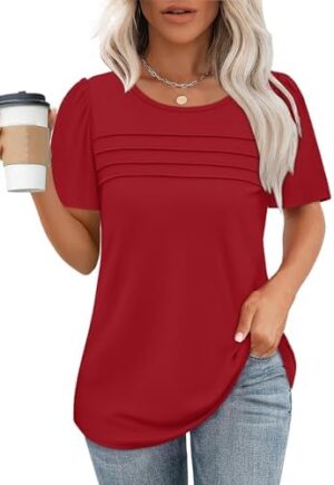 OFEEFAN Womens T Shirts Short Sleeve Tops Dressy Casual Blouses Spring Summer Outfits Flowy Pleated Front Scooped Neck - Image 2