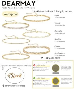 DEARMAY Gold Ankle Bracelets for Women Waterproof - Dainty 6Pcs 14K Gold Plated Anklets Layered Cuban Link Chain Herringbone Cute Anklets Set Pack Summer Beach Jewelry Gift for Women Teen - Image 3