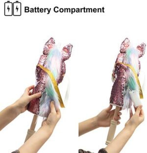 HollyHOME Sequin Unicorn Stick Horse Handcrafted Hobby Horse on a Stick with Wood Wheels Real Pony Neighing and Galloping Sounds Plush Unicorn Toy Pink 36 Inches(AA Batteries Required) - Image 3