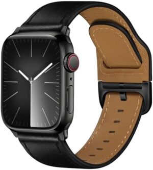 Compatible with Apple Watch Bands 49mm/46mm/45mm/44mm/42mm for Men Women, Top Grain Genuine Leather Band Strap for iWatch Ultra 2/1 Series 10 9 8 7 6 5 4 3 2 1 SE, Black/Black