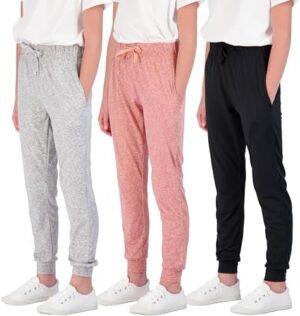 Real Essentials 3 Pack: Girls' Lounge Joggers Soft Athletic Performance Casual Sweatpants(Ages 7-16)