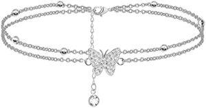 14K Butterfly Silver - Adjustable Layered - Jewelry Anklet Gifts for Women Teen Girls