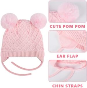 Labeol Baby Hats,Soft Warm Winter Knit Baby Beanie Hat with Earflap,Cute Pom-pom Ears Fall Winter Caps for Toddler Girls Boys - Image 3