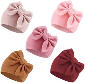 5 PCS Newborn Baby Hats Cotton Baby Beanie Caps with Bow Infant Hospital Hats Newborn Hats for Baby Girls 0-6 Months