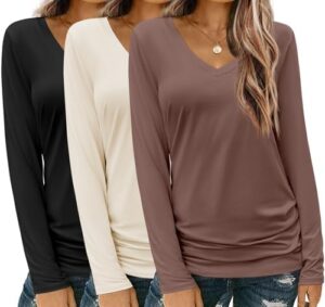 Zeagoo Womens T Shirts Long Sleeve V Neck Basic Tee Soft Casual Loose Fit Fall Tops Outfits 2025