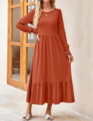 ZESICA Women's Spring Long Sleeve Dress Crewneck Casual Loose Pleated Tiered Swing Midi Dresses with Pockets - Image 2