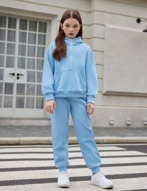 Arshiner Girls 2 Piece Outfits Tracksuit Drop Shoulder Hoodie Half Zip Sweatshirt and Sweatpants Joggers Set with Pockets - Image 2