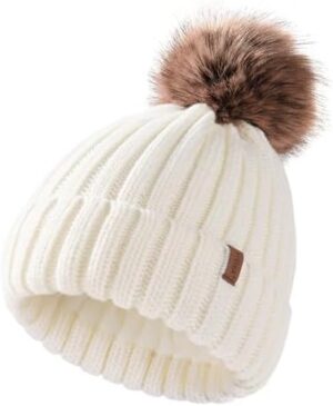 FURTALK Kids Winter Hat Toddler Knitted Pom Beanie Hat Cotton Lined Faux Fur Pom Pom Cap Baby Girls Boys Beanies