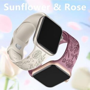 SNBLK 6 Pack Floral Engraved Bands Compatible with Apple Watch Bands for Women 40mm 41mm 42mm 38mm 44mm 45mm 46mm 49mm, Soft Silicone Cute Flower Pattern Sport Strap for iWatch Series 10 9 8 7 6 5 4 3 2 1 Ultra SE - Image 4