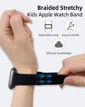 OWKEY Braided Solo Loop Compatible with Kids Apple Watch Band, Stretchy Breathable Strap with Easy Buckle for iWatch Series 9 8 7 6 5 4 3 SE SE2 Girls Boys Small Wrists - Image 4