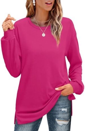 OFEEFAN Long Sleeve Shirts for Women Loose Fit Crew Neck Tunic Tops Basic Tees with Side Split - Image 2