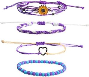 COLORFUL BLING 4-Piece Summer Surf Anklet Bracelet Adjustable Chain Braided Rope Bracelet Sunflower Heart Beads Friendship Bracelet Beach Surf Jewelry Girl-C Purple