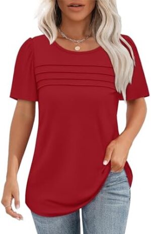 OFEEFAN Womens T Shirts Short Sleeve Tops Dressy Casual Blouses Spring Summer Outfits Flowy Pleated Front Scooped Neck