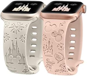 2 Packs Cartoon Engraved Band Compatible with Apple Watch Band 38mm 40mm 41mm 42mm 44mm 45mm 46mm 49mm Women, Cute Designer Soft Silicone Strap for iWatch 10/9/8/7/6/5/4/3/2/1/SE/Ultra/Ultra2