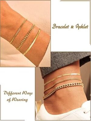 DEARMAY Gold Ankle Bracelets for Women Waterproof 3Pcs 14K Gold Plated Anklets Layered Cuban Link Chain Herringbone Dainty Cute Anklets Set Pack Summer Beach Jewelry Gift for Women - Image 4