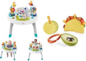 Fisher-Price Baby to Toddler Toy 2-in-1 Sit-to-Stand Activity Center & Baby Pretend Food Baby Toys Taco Tuesday Gift Set of 3 Rattle Crinkle Clacker Sensory Toys for Newborns