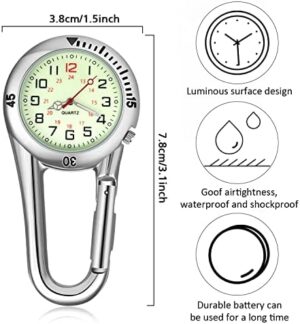 Hicarer 2 Pieces Clip on Quartz Watch Backpack Fob Belt Watch Glow in The Dark Unisex Pocket Watch with White Dial for Doctors Nurses Outdoor Activities - Image 3