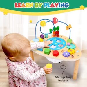 oathx Activity Table for 1+ Year Old, 6 in 1 Wooden Montessori Activity Center Play Table with Bead Maze Shape Sorter Fishing Game, Kids Sensory Educational Toddler Learning Toys 1st Birthday Gifts - Image 6