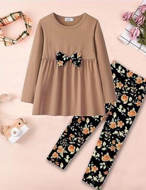 Yekaty Girls Clothing Set 2 Pcs Floral Soft Crewneck Long Sleeve Top+Leggings Loose Outfits With Bowknot - Image 5