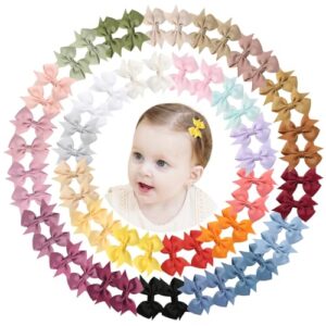 doboi 60PCS 2'' Baby Hair Clips Small Bows Fully Lined Grosgrain Boutique Solid Ribbon Mini Bows for Girls Teens Infants Kids Toddlers Newborn