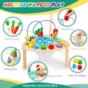 oathx Activity Table for 1+ Year Old, 6 in 1 Wooden Montessori Activity Center Play Table with Bead Maze Shape Sorter Fishing Game, Kids Sensory Educational Toddler Learning Toys 1st Birthday Gifts - Image 2