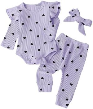 Fullfamous Baby Girl's 3pc Rib Frill Long Sleeve Romper and Pant Set