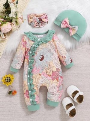 Newborn Baby Girl Clothes Infant Floral Print One-Piece Romper+Jumpsuit+Bodysuit+Hat+Headband - Image 2