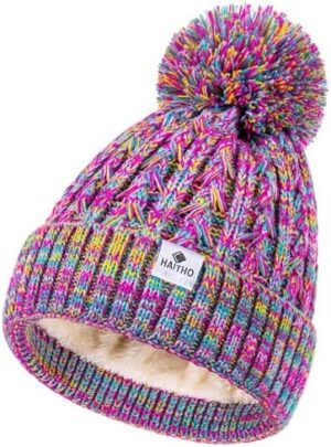 HAITHO Kids Toddler Winter Hat with Pom Pom, 2 Size Kids Beanie Hats for Girls Boys, Cute Warm Fleece Lined Knit Beanies Cap